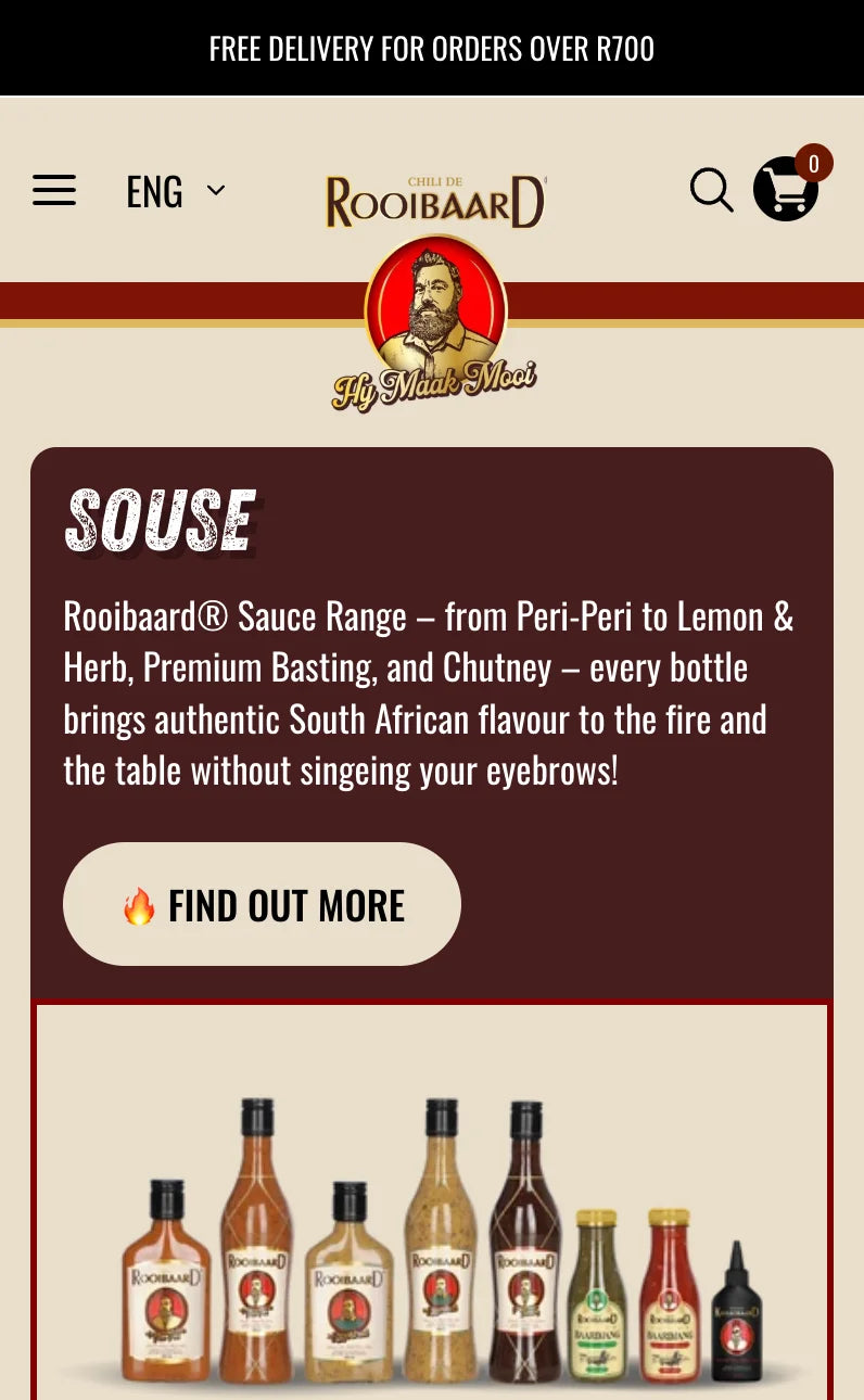 Two main Rooibaardprodukte category pages displayed in mobile layouts.