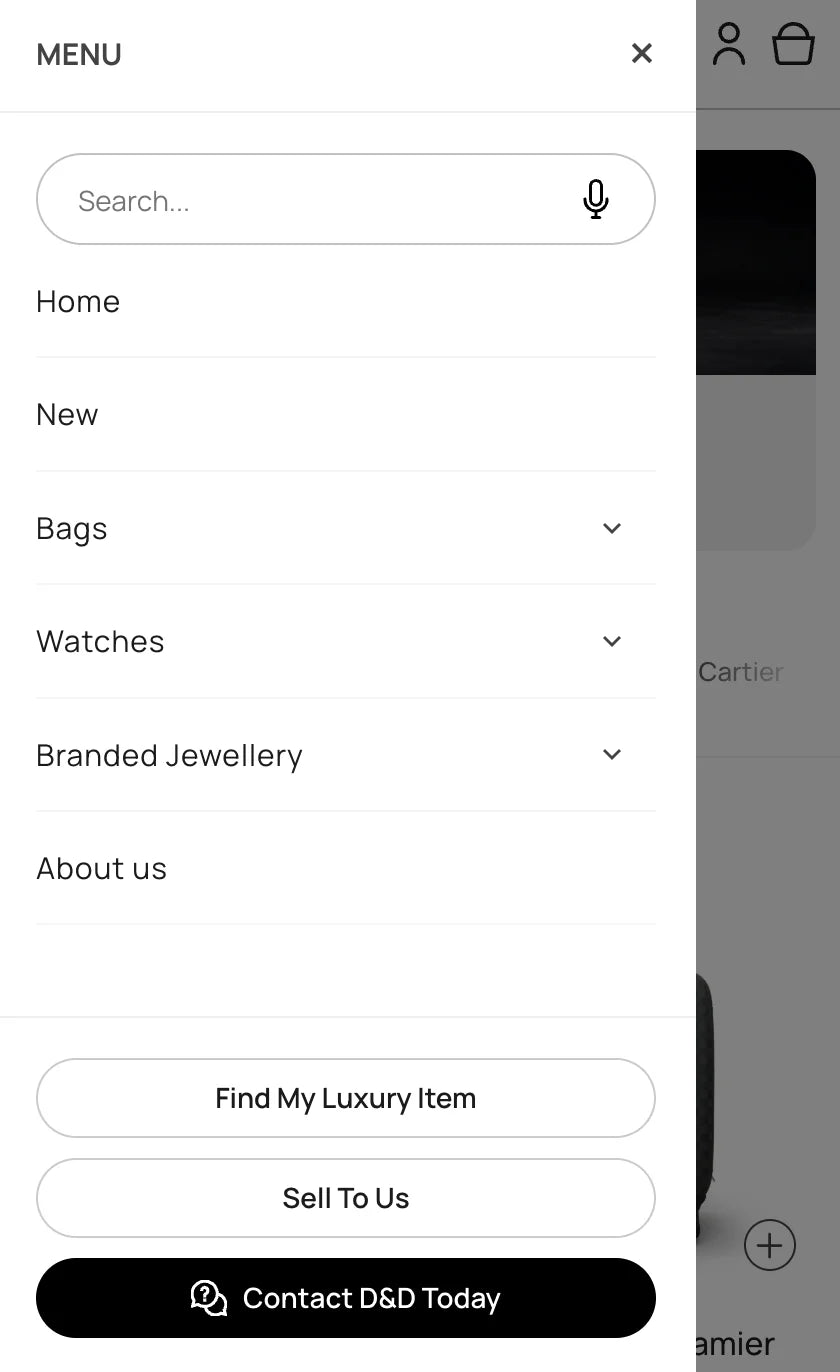 D&D Luxury mobile menu lists shopping categories, search, and contact options.