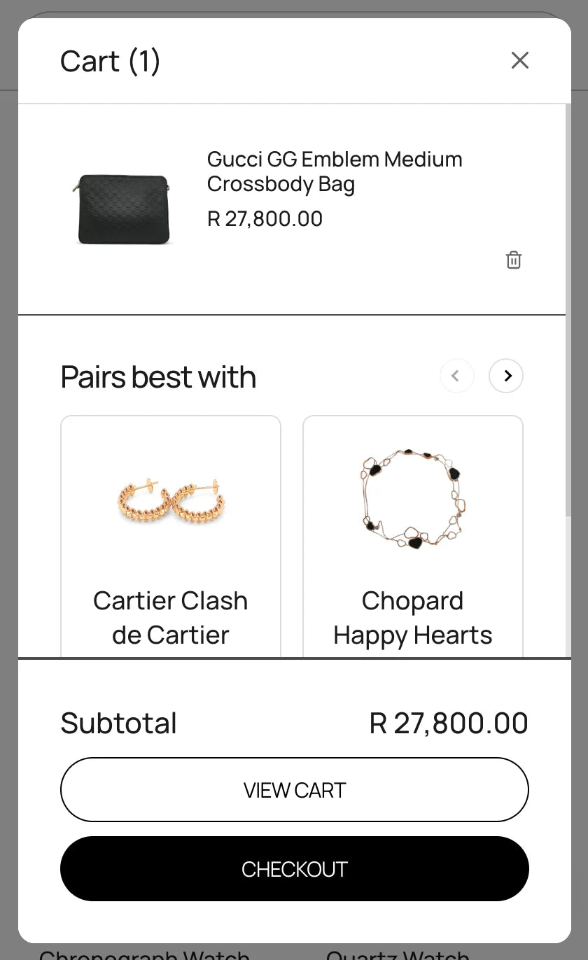 D&D Luxury cart drawer on the mobile shopping page.