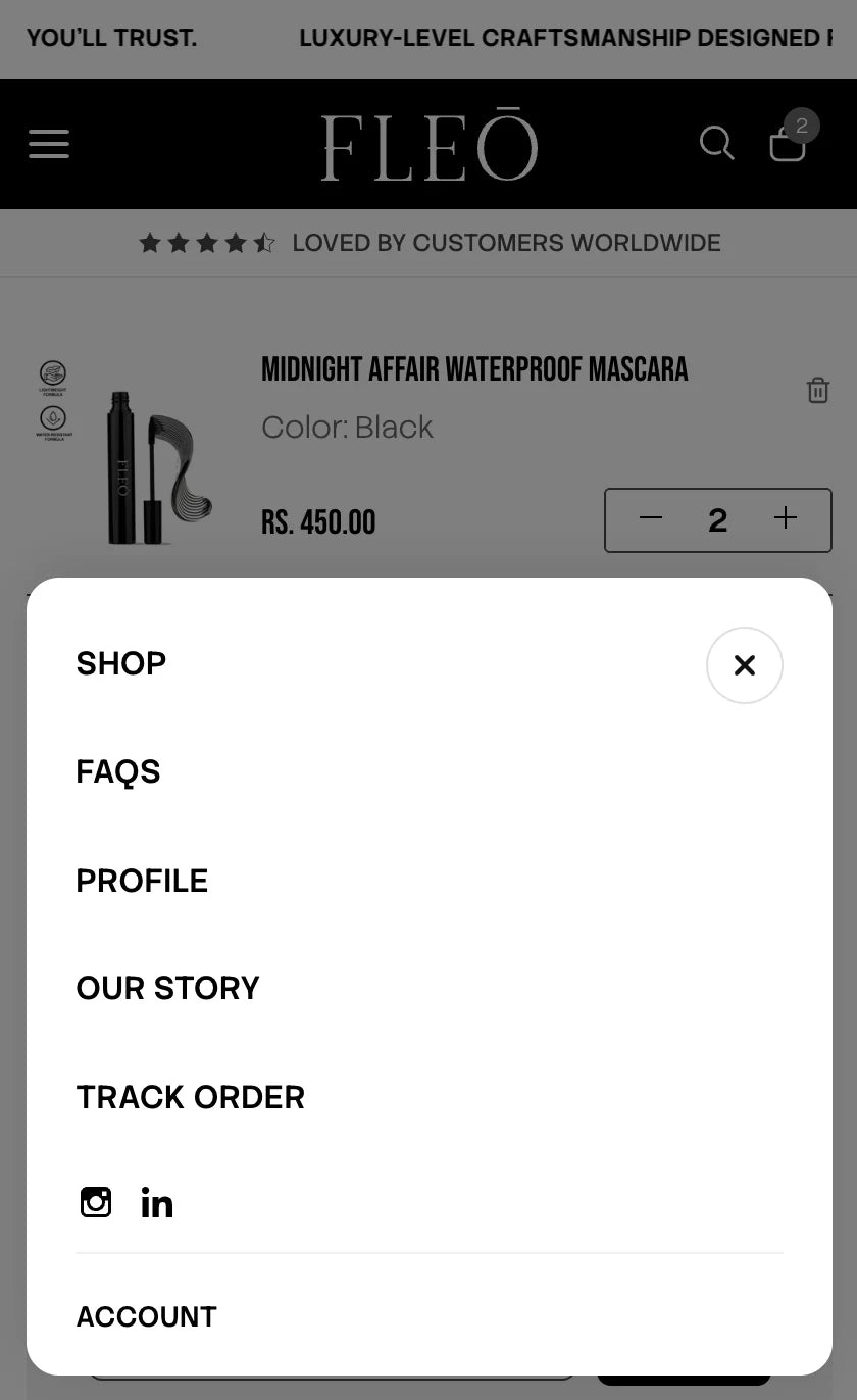 Fleo Beauty mobile menu for navigating the online store.