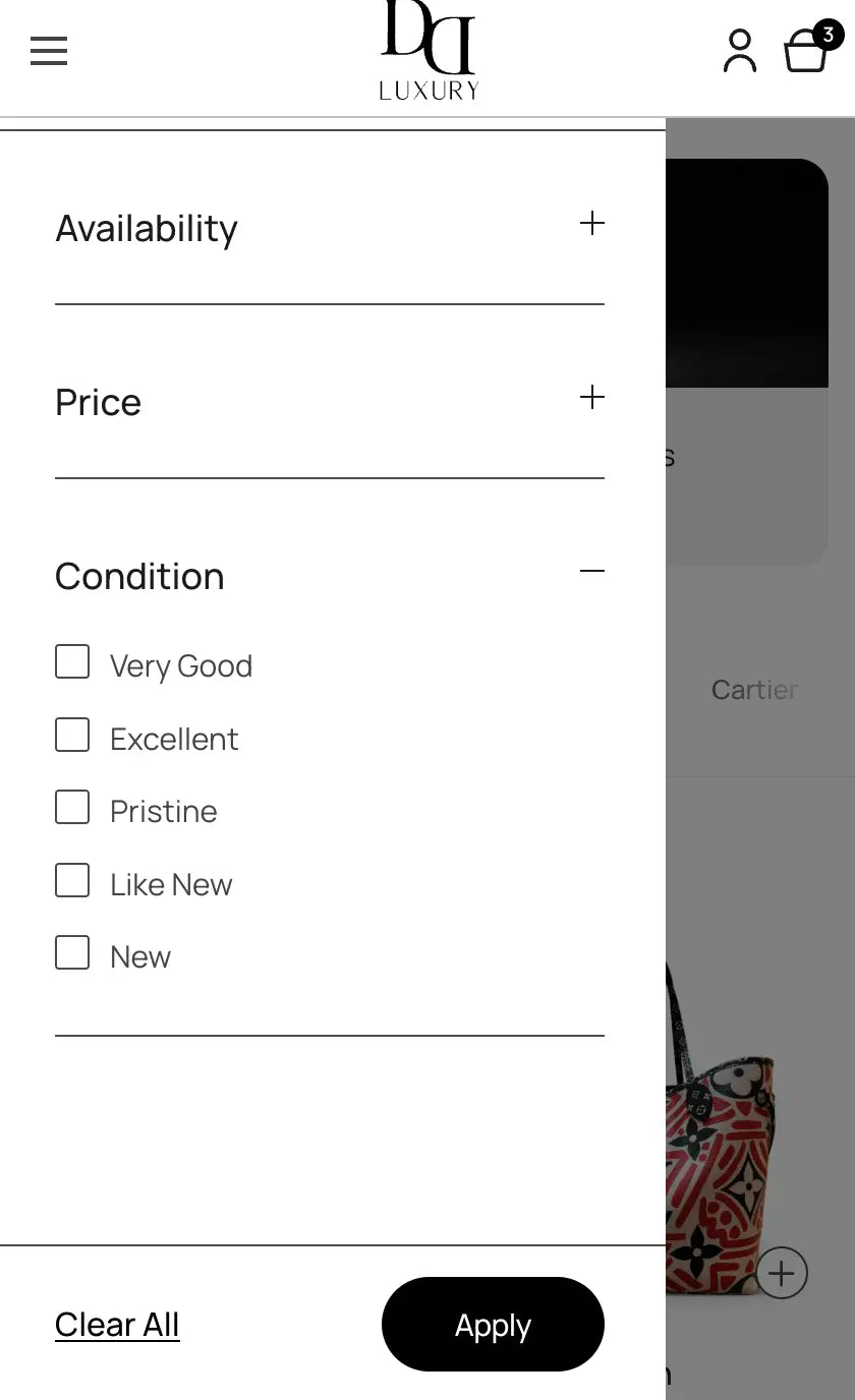 D&D Luxury filter menu shows availability, price, and condition options.