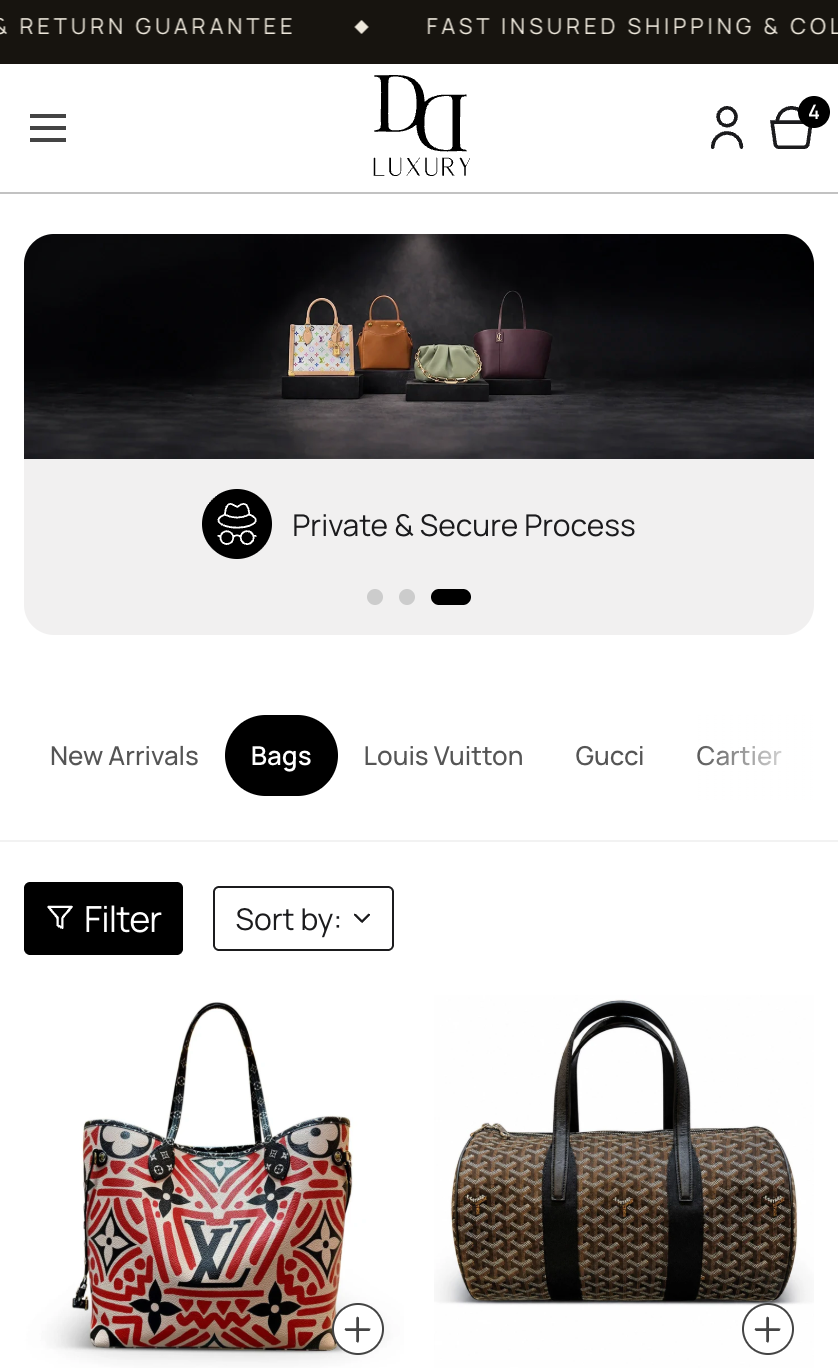 D&D Luxury bags collection shows a handbag banner, category tabs, and products.