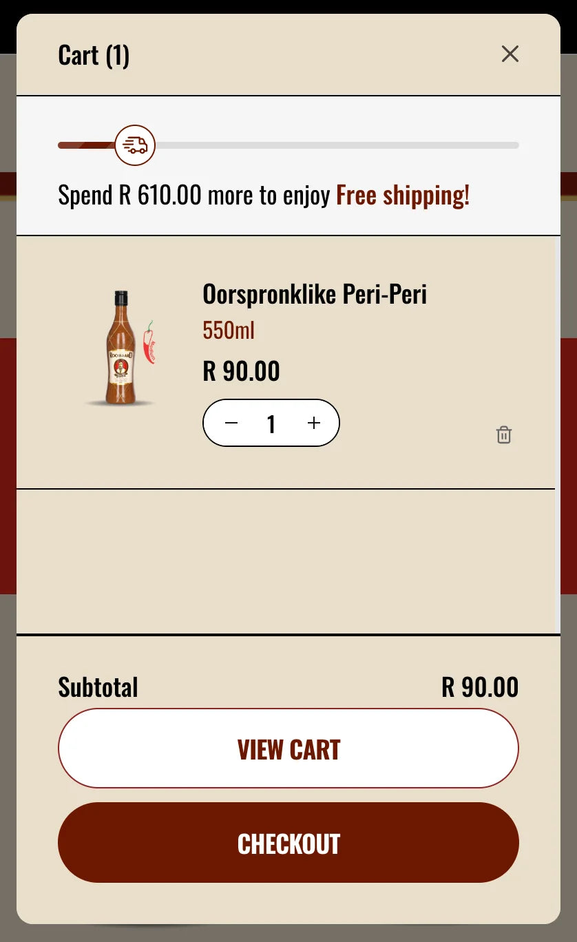 Rooibaardprodukte cart drawer displayed on the mobile store.