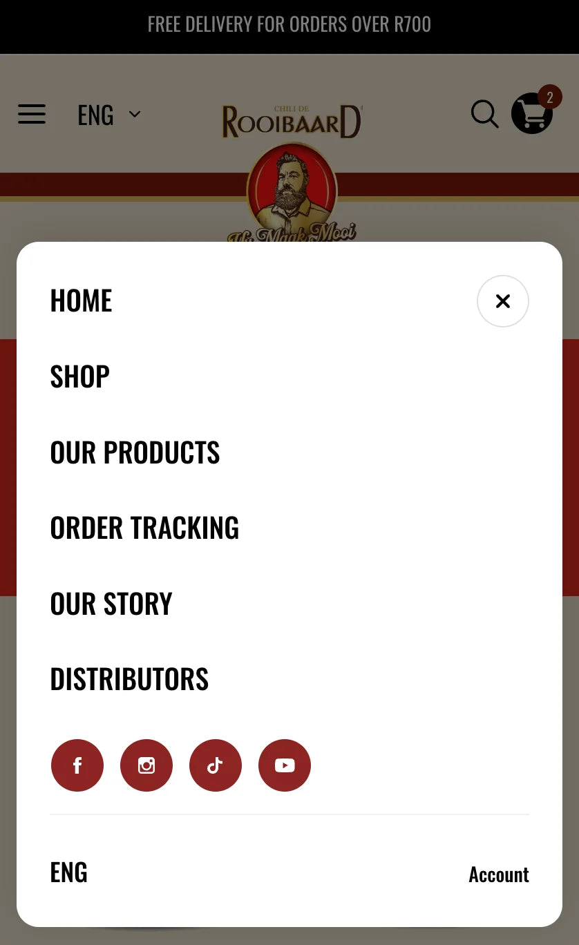 Rooibaardprodukte mobile menu for navigating the online store.