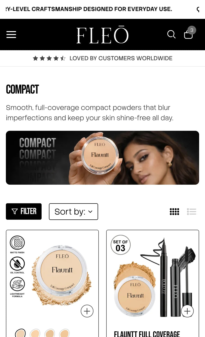 Fleo Beauty collection page displayed in a mobile layout.