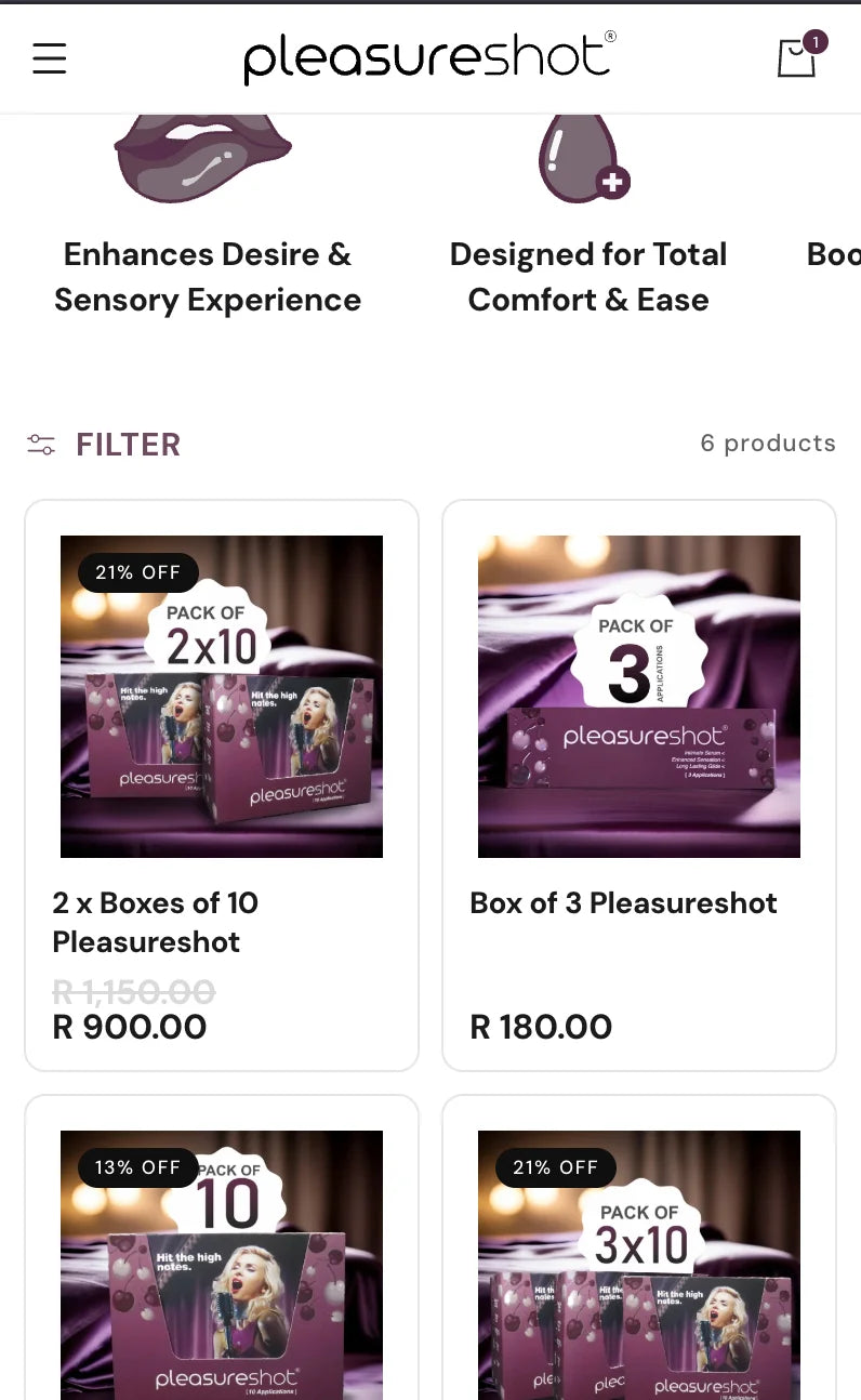 Pleasureshot collection page displayed in a mobile layout.