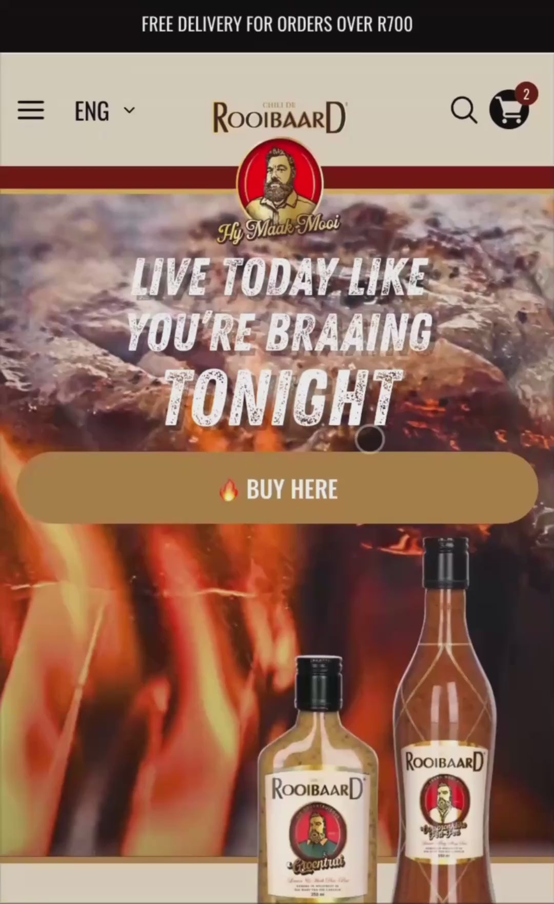 Rooibaardprodukte homepage with a video displayed on mobile.