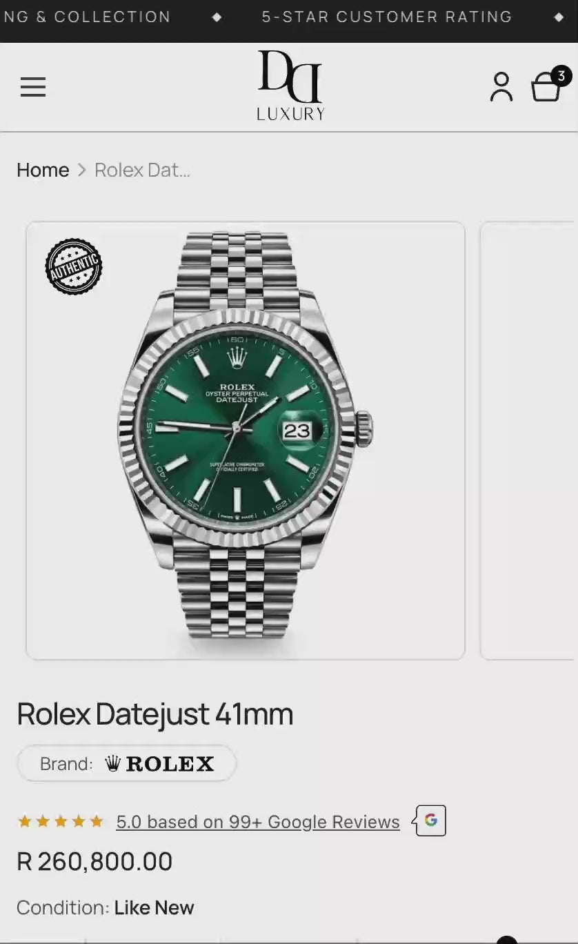 D&D Luxury product page shows a Rolex listing, rating, price, and condition.